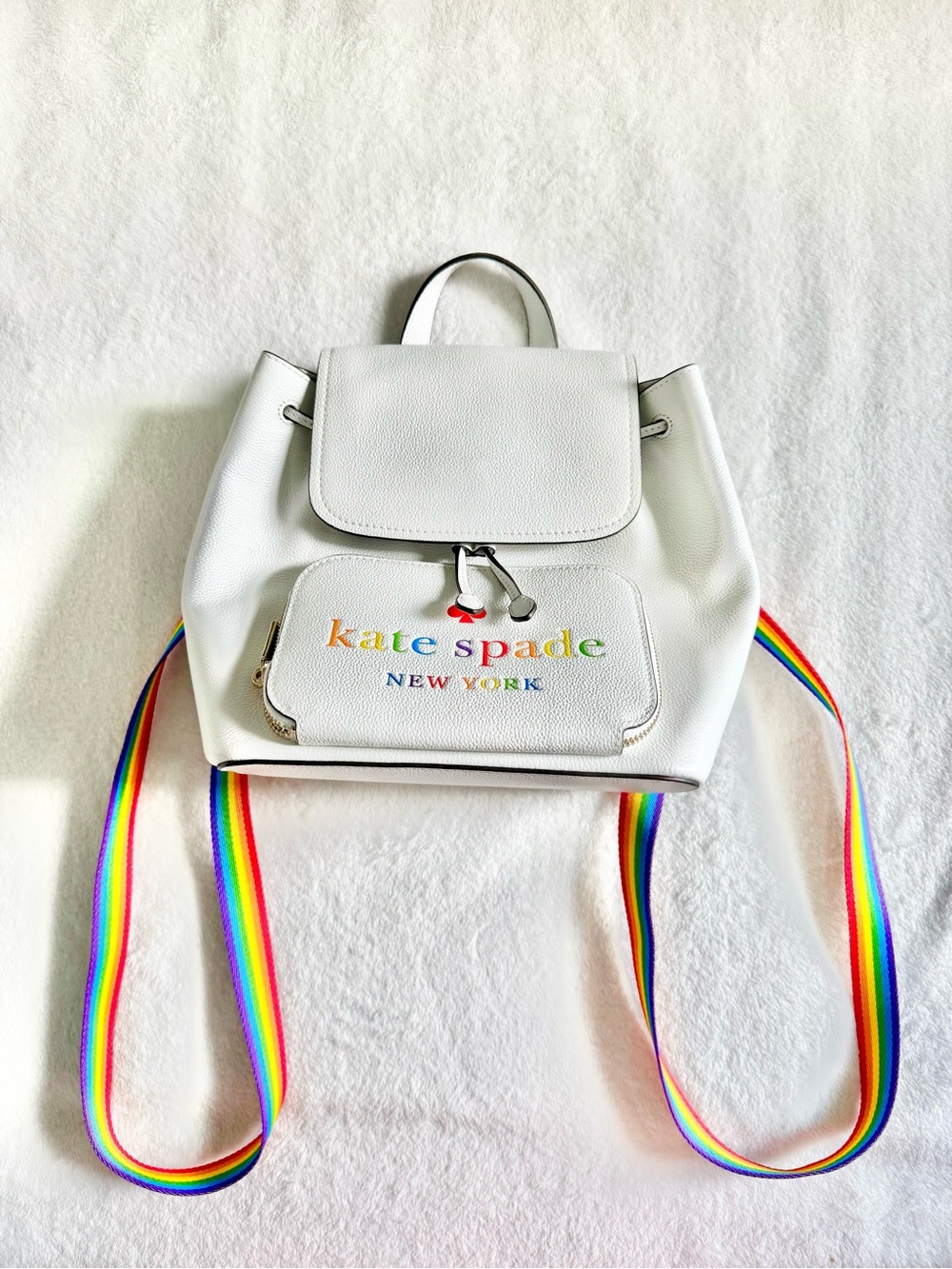 kate spade White Pebble Leather Backpack with Rainbow Straps